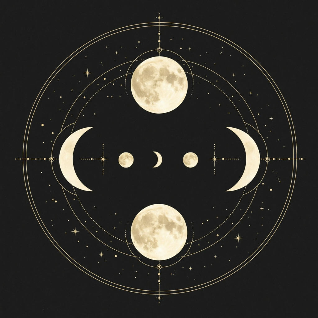 Minimalistische Grafik mit Mondphasen in einem harmonischen Kreislauf